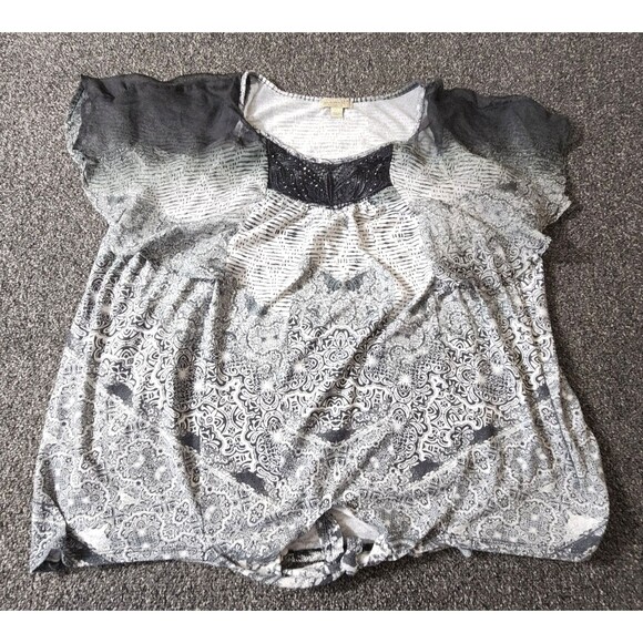 One World Blouse Top Women's 3X Geometric Tank Flutter Sheer Sleeve Beaded Neck - Picture 1 of 6